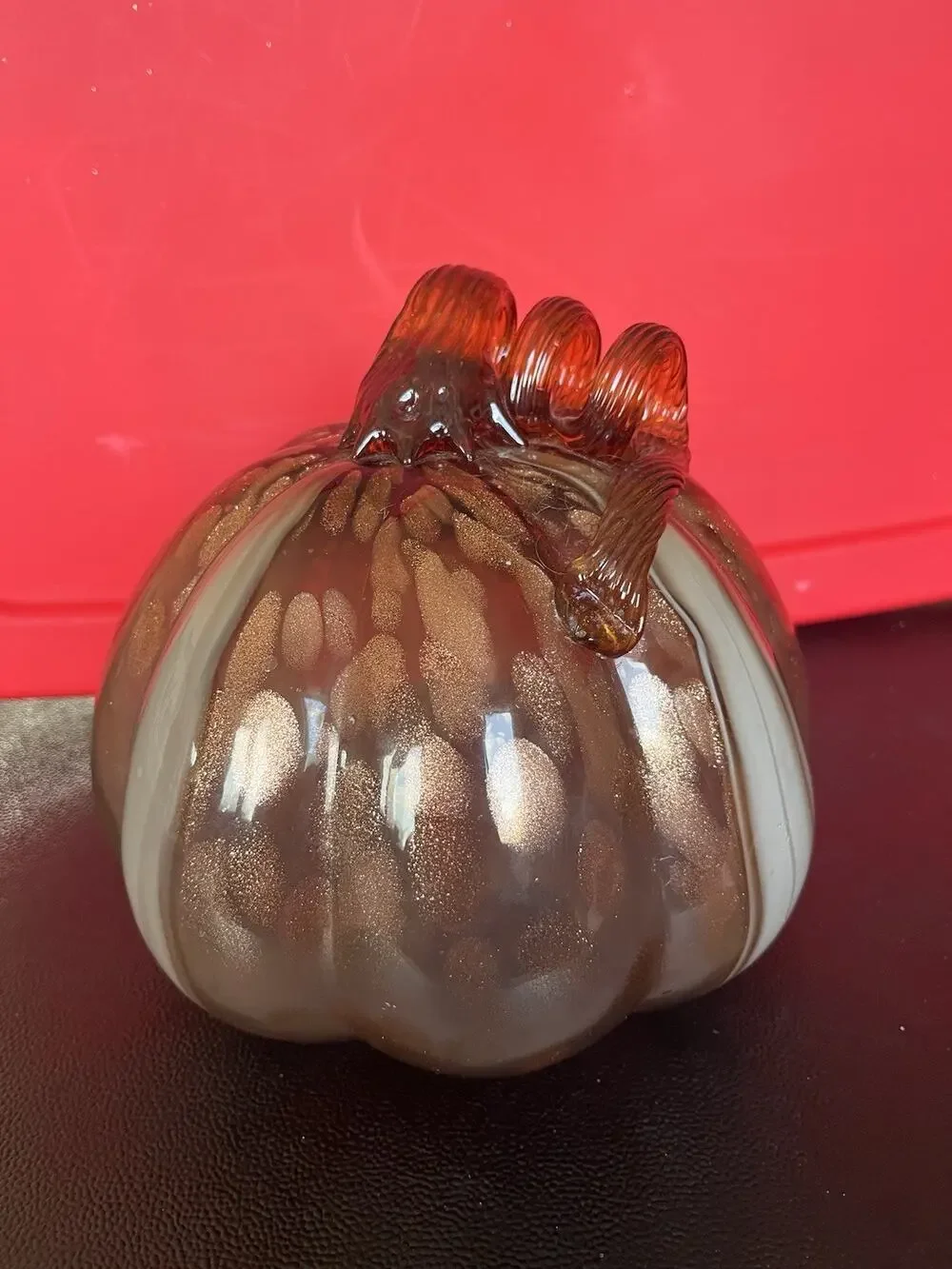 Art Glass Pumpkin Hand Blown Brown Striped Swirl Gold Stem Autumn Harvest 5